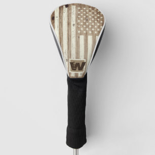 Couvre-club De Golf Drapeau USA en bois rustique avec monogramme