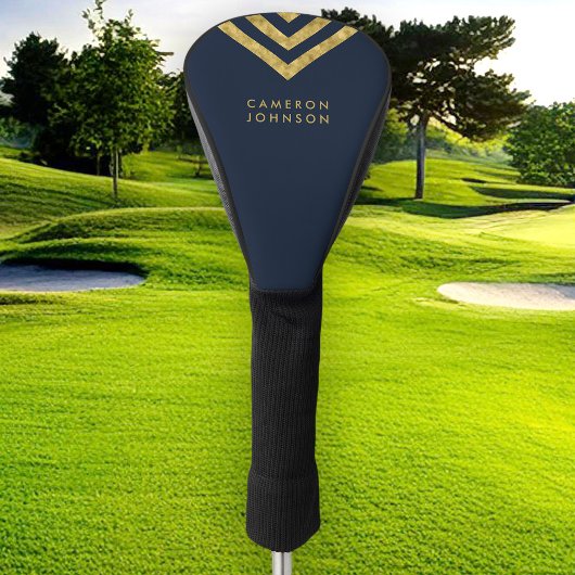 Couvre-club De Golf Elégant Blue Faux Gold Nom Chevron Géométrique
