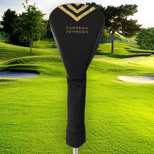 Couvre-club De Golf Élégant Faux Or Noir Nom Chevron Géométrique
