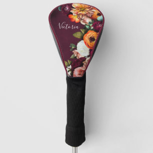 Couvre-club De Golf Élégant nom floral Script Customisé Bourgogne