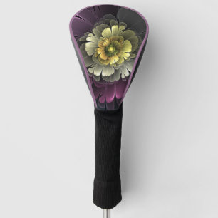 Couvre-club De Golf Fleur fractale grise et pourpre moderne abstraite