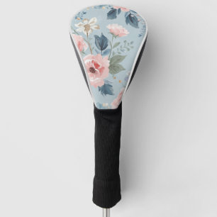Couvre-club De Golf Fleurs de jardin aquarelle bleu poussiéreux roses