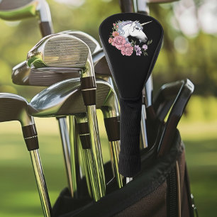Couvre-club De Golf Fleurs de licorne blanche enchantée rose noir