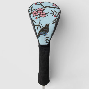 Couvre-club De Golf Fleurs roses d'oiseau de cerises noires d'arbre