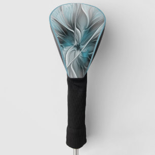 Couvre-club De Golf Fractal Floral Moderne Abstrait Fleur Bleu Gris