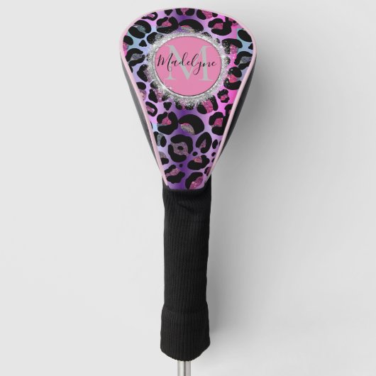 Couvre-club De Golf Glam Leopard rose et violet Monogramme (Devant)