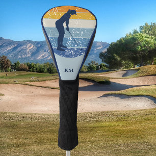 Couvre-club De Golf Golfeuse en silhouette bleue sur bandes rétro