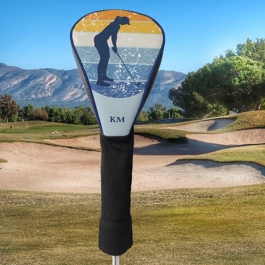 Couvre-club De Golf Golfeuse en silhouette bleue sur bandes rétro