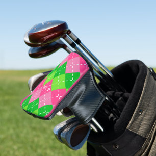 Couvre-club De Golf Jacquard rose et vert avec piqûres blanches
