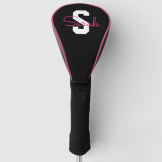 Couvre-club De Golf Joli nom et monogramme | Noir Blanc et Rose