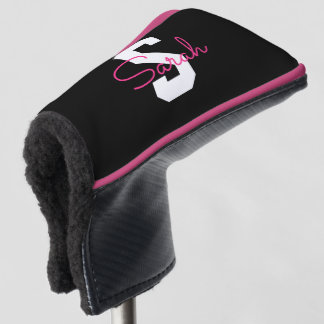 Couvre-club De Golf Joli nom et monogramme | Noir Blanc et Rose