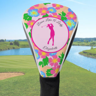 Couvre-club De Golf Lady Golfer Rose Floral Preppy Nom personnalisé Da