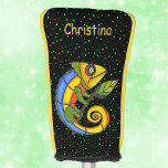 Couvre-club De Golf Lézard coloré sur les points verts de la feuille d<br><div class="desc">Cette couverture de club de golf personnalisée pour vos putters a un lézard coloré en jaune,  vert,  bleu et orange sur une branche avec une feuille sur un arrière - plan noir avec des points verts. Customisez votre nom avec le modèle.</div>