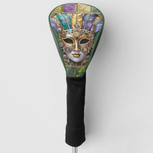 Couvre-club De Golf Mardi Gras Or & Céramique Masque de plumes colorée