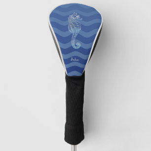 Couvre-club De Golf Marine Nautique Bleu Stripe Vagues Seahorse