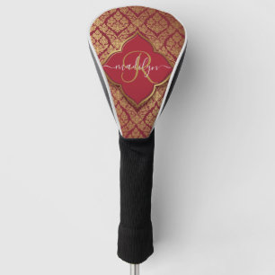 Couvre-club De Golf Maroon Rouge or fleur Damask Motif Monogramme