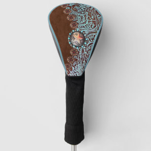 Couvre-club De Golf marron turquoise motif en cuir de l'ouest