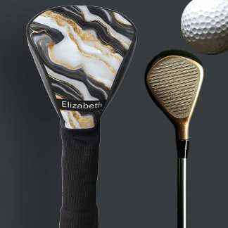 Couvre-club De Golf Modern Black White Gold Marble Personalized