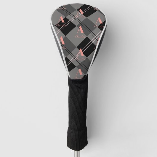 Couvre-club De Golf Moderne Plaid Monogramme gris rose noir (Devant)