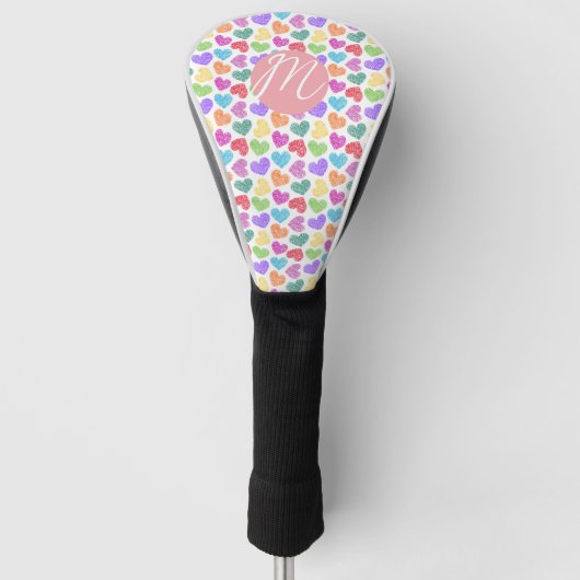Couvre-club De Golf Moderne Vibrant Rainbow Doodle Hearts Monogramme (Devant)