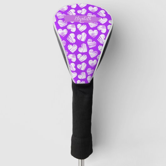 Couvre-club De Golf Moderne violet blanc Doodé Coeur Valentine Nom (Devant)