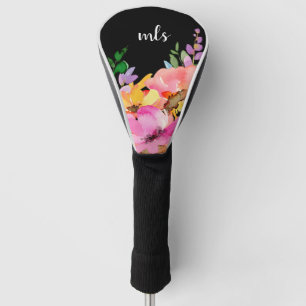 Couvre-club De Golf Monogramme Chic rose Aquarelle tendance Floral Noi