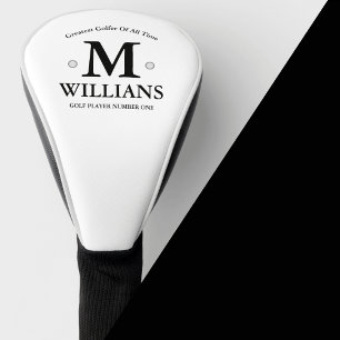Couvre-club De Golf Monogramme de nom noir personnalisé sur blanc