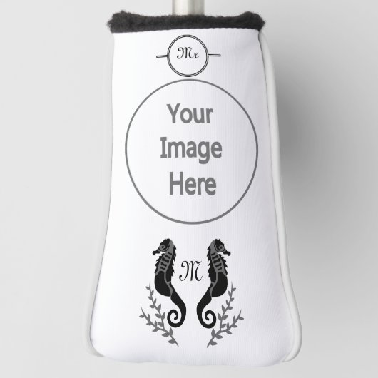 Couvre-club De Golf Monogramme de silhouette de cheval de mer noir (Tourné à 90°)