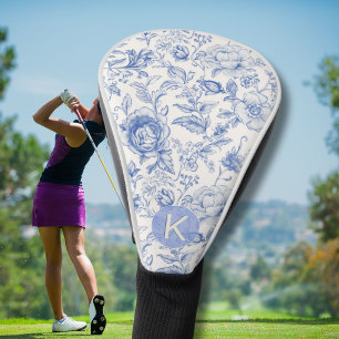 Couvre-club De Golf Monogramme élégant à motif floral bleu et blanc To