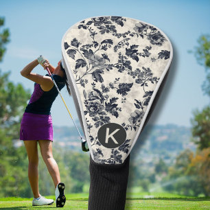 Couvre-club De Golf Monogramme élégant à motif floral en toile noire