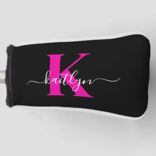 Couvre-club De Golf Monogramme élégant noir rose vif écriture