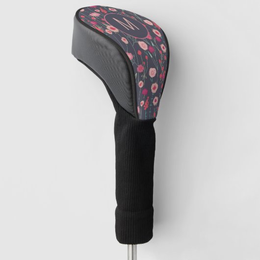 Couvre-club De Golf Monogramme Floral Boho rose noir (Incliné)