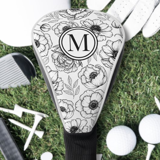 Couvre-club De Golf Monogramme floral noir blanc