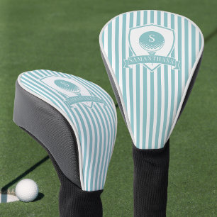 Couvre-club De Golf Monogramme Initiale De Nom Moderne Bleu Vert Rayé