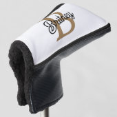 Couvre-club De Golf Monogramme moderne élégant Nom Black Gold Script (Devant 3/4)