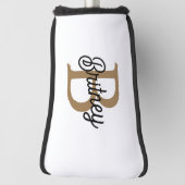 Couvre-club De Golf Monogramme moderne élégant Nom Black Gold Script (Tourné à 90°)