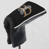 Couvre-club De Golf Monogramme moderne élégant Nom Black Gold Script (Devant 3/4)