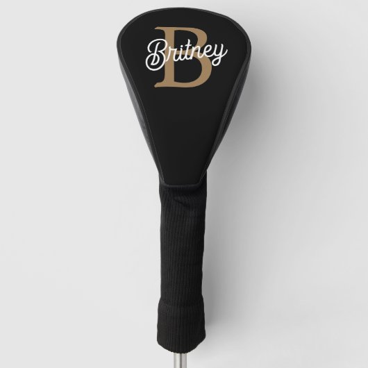 Couvre-club De Golf Monogramme moderne élégant Nom Black Gold Script (Devant)