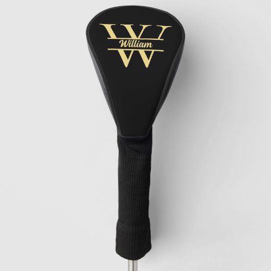 Couvre-club De Golf Monogramme Noir et Or | Écriture Initiale Élégant (Devant)
