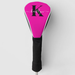 Couvre-club De Golf Monogramme noir rose vif moderne en écriture cursi