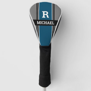 Couvre-club De Golf Monogramme & Nom Gris Bleu Océan noir. Rayures