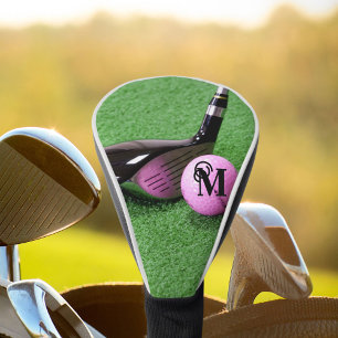 Couvre-club De Golf Monogramme personnalisé Fancy Script Pink Golf Bal