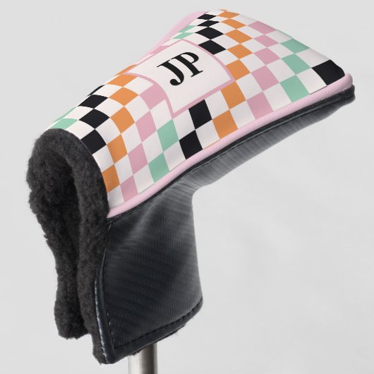 Couvre-club De Golf Monogramme Retro Checkerboard personnalisé Monogra (Devant 3/4)