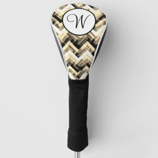 Couvre-club De Golf Monogramme Texturé Chevron Noir Blanc Or (Devant)