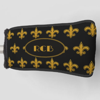 Couvre-club De Golf Motif fleur de lis français initiales or et noir