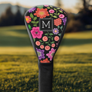 Couvre-club De Golf Motif floral noir tendance avec Monogramme personn
