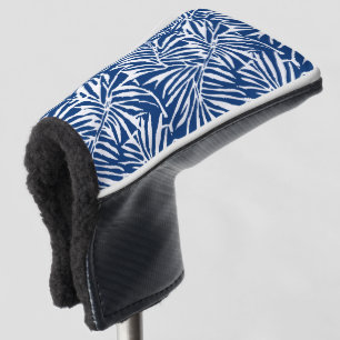 Couvre-club De Golf Motif Répétant de feuille tropicale blanche et ble