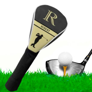 Couvre-club De Golf Noir Cuir Texture Golfeur Monogramme Nom Or