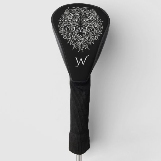 Couvre-club De Golf Noir et blanc Mandala Lion Head Monogramme initial (Devant)