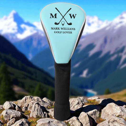Couvre-club De Golf Nom de monogramme noir personnalisé Golf Lover Aqu